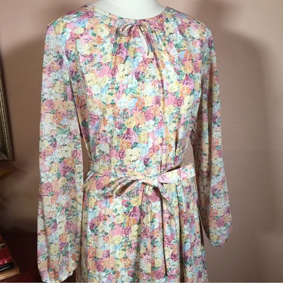 Vintage 60 70 Cottagecore Pastel Floral Peasant Midi Dress Poet sleeves - Picture 14 of 16